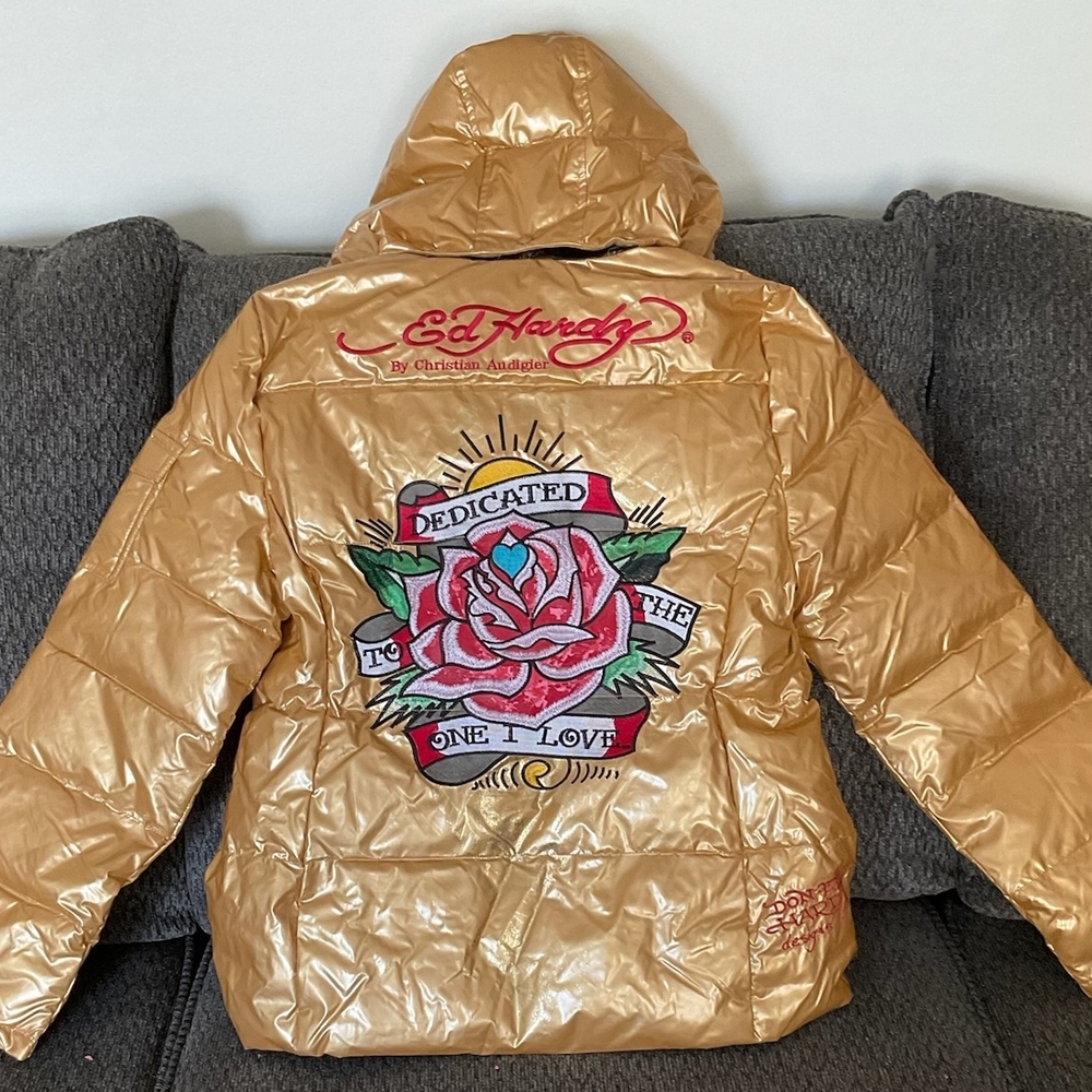 Ed Hardy by Christian Audigier Women's Embroidered Removable Hood Puffer Jacket - Picture 5 of 5